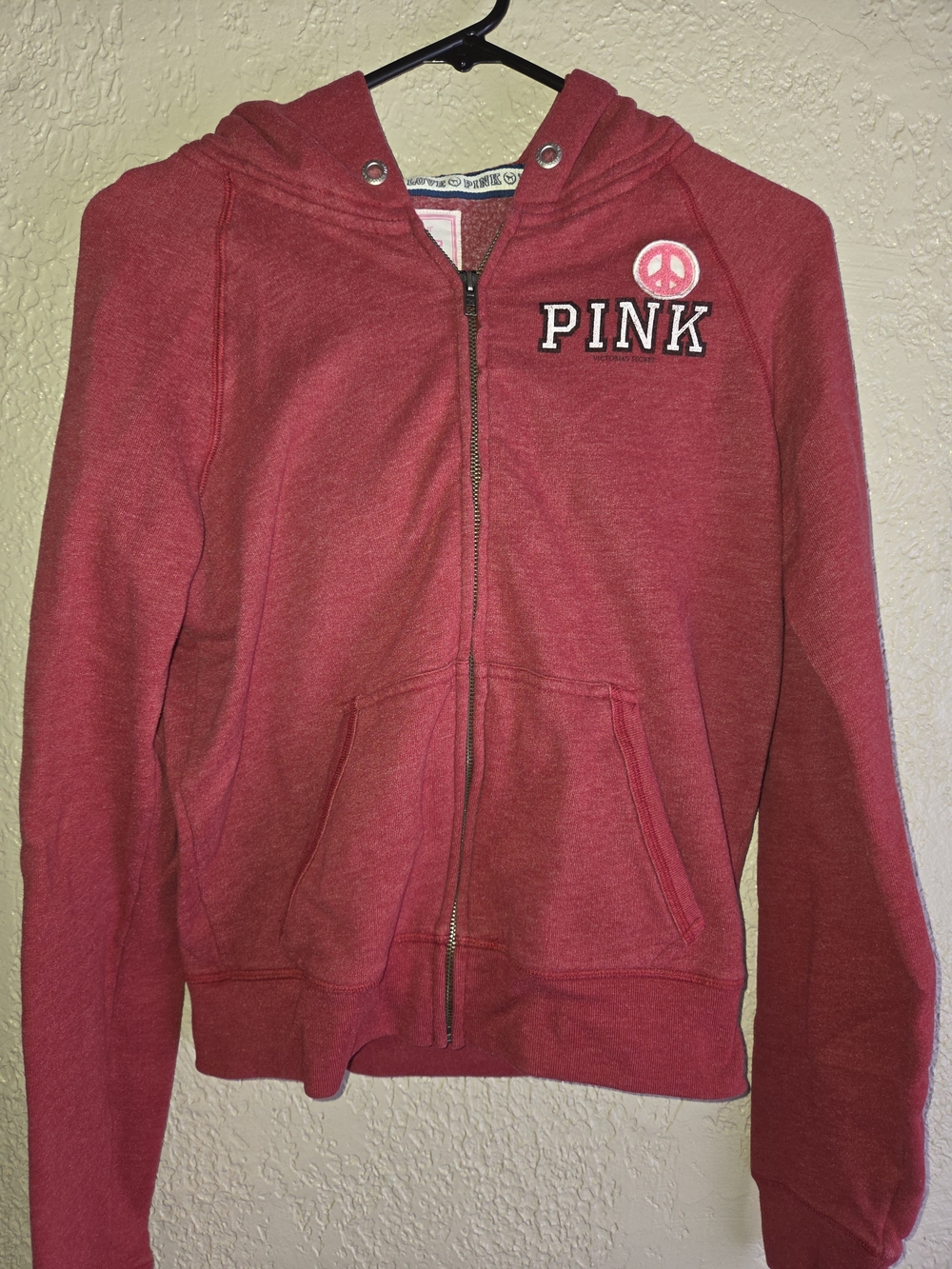 Vintage PINK Victoria's Secret Heathered Red Zip Hoodie with Peace Patch